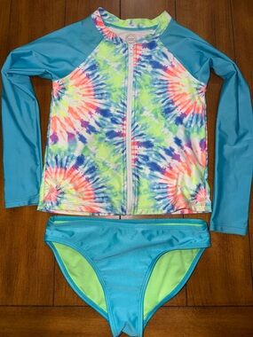 wonder nation Blue Long Sleeve Tie-Dye Zip Rashguard Swim Set